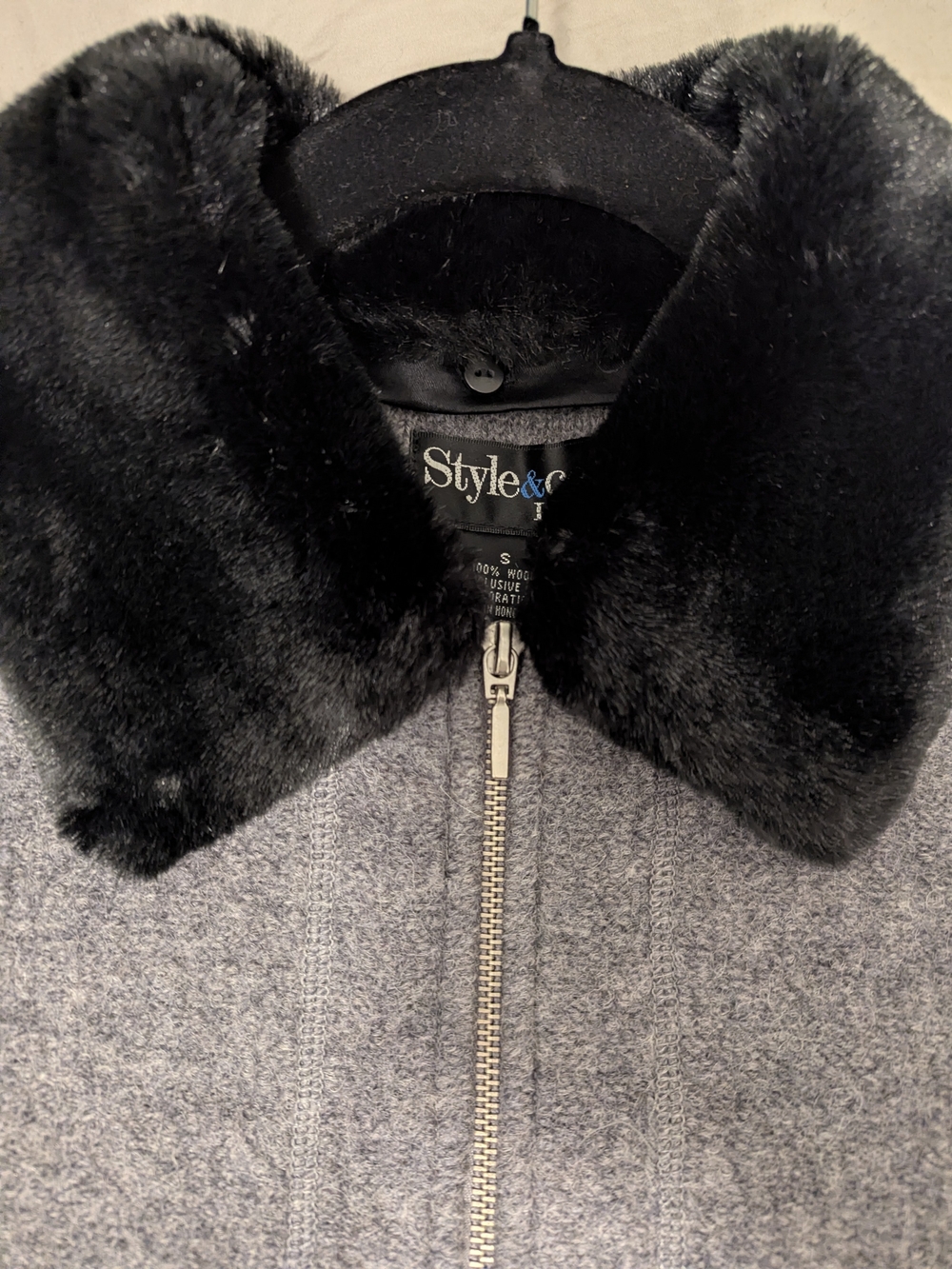 Style & Co. Petite Gray 100% Wool Zip Jacket with Black Faux Fur Collar